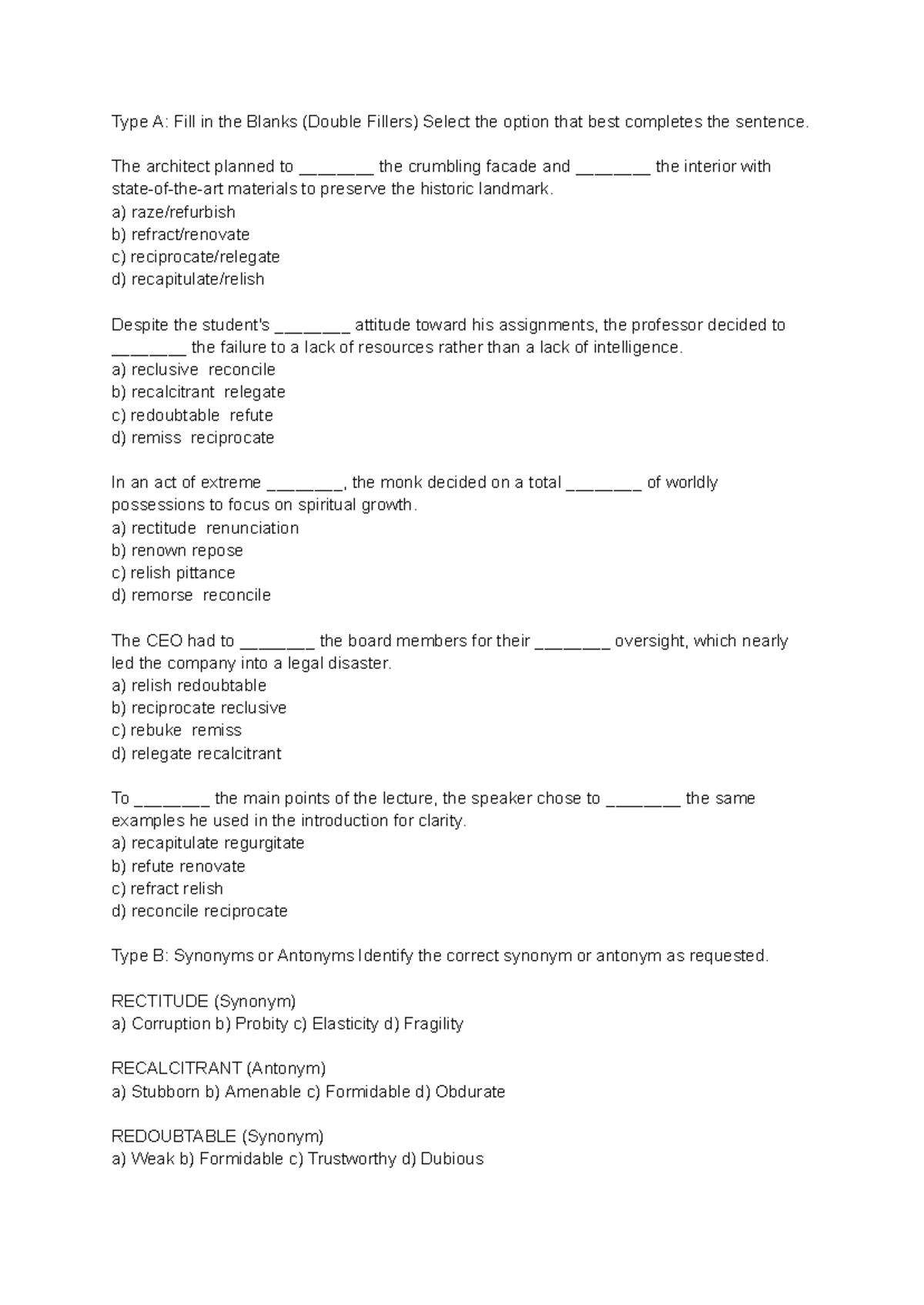 Type A-D: Fill in the Blanks, Synonyms/Antonyms, Contextual Usage ...