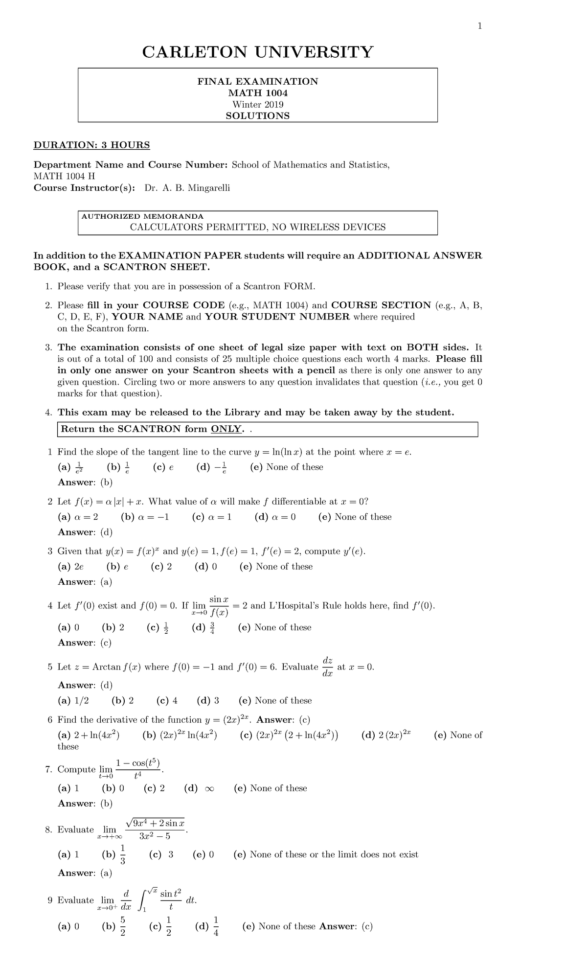 Final Exam Solutions for MATH 1004 - Winter 2019 - Studocu