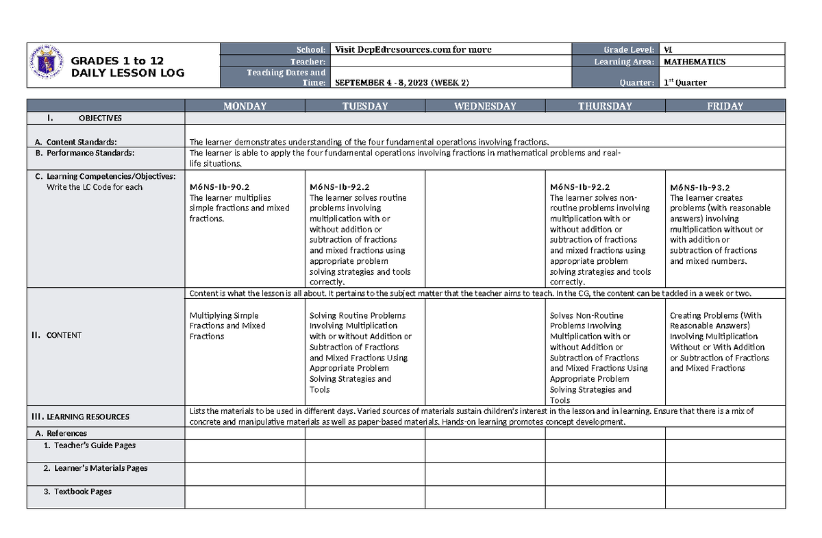 DLL Mathematics 6 Q1 W2 - Math - GRADES 1 to 12 DAILY LESSON LOG School ...