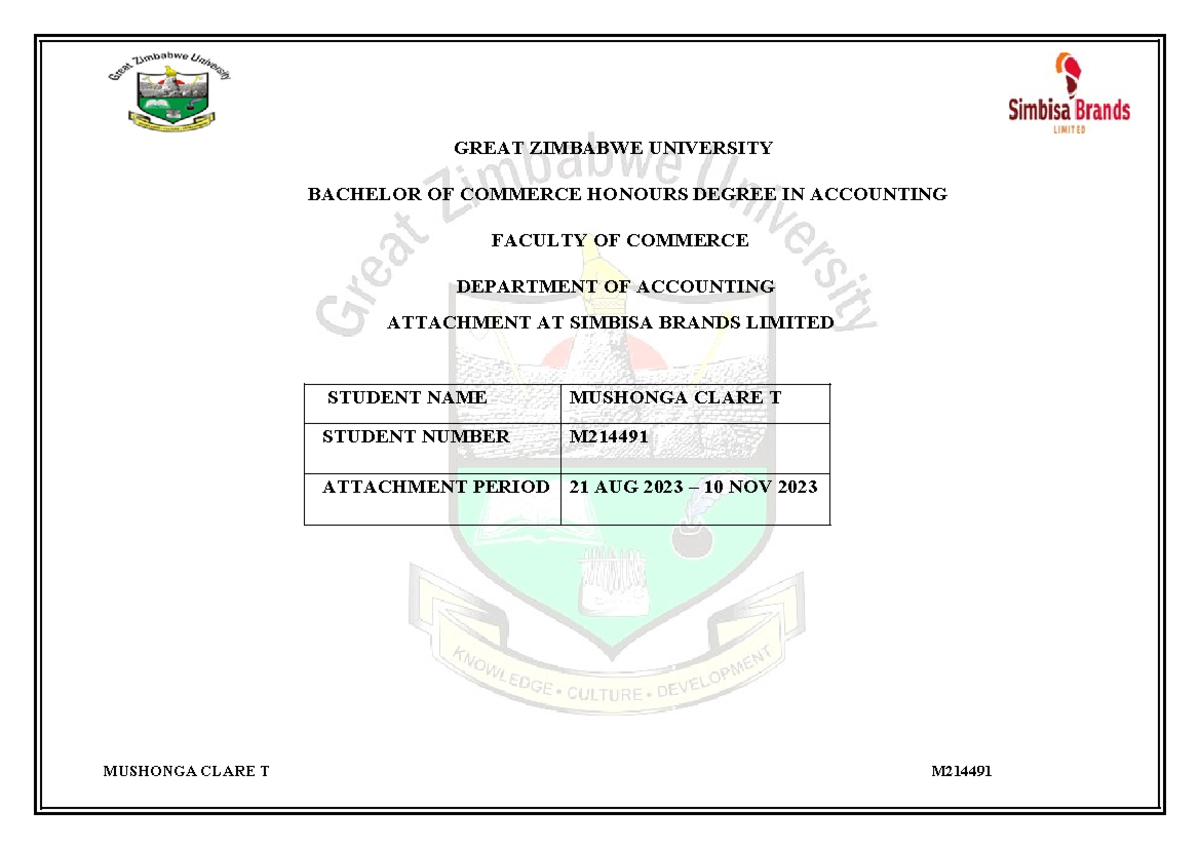 Clare Mushonga's Industrial Attachment Logbook: Simbisa Brands (Acc ...