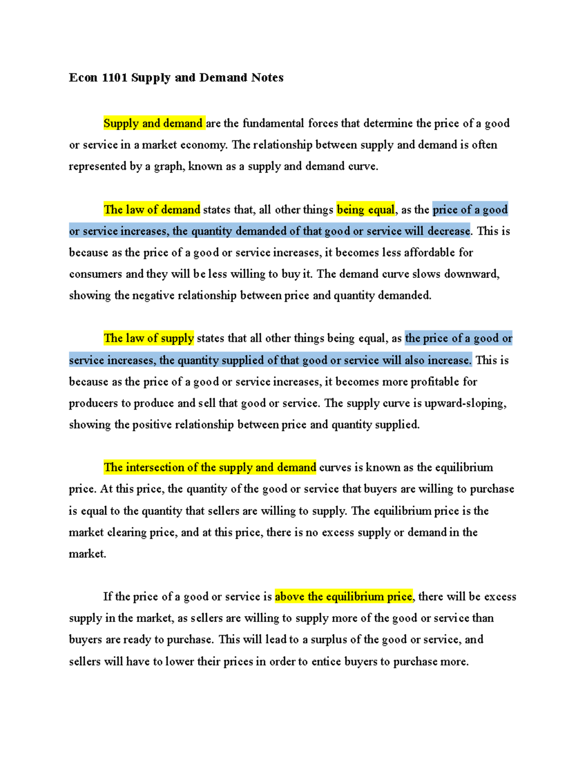 Supply and Demand Concepts - ECON 1101 Lecture Notes - Studocu