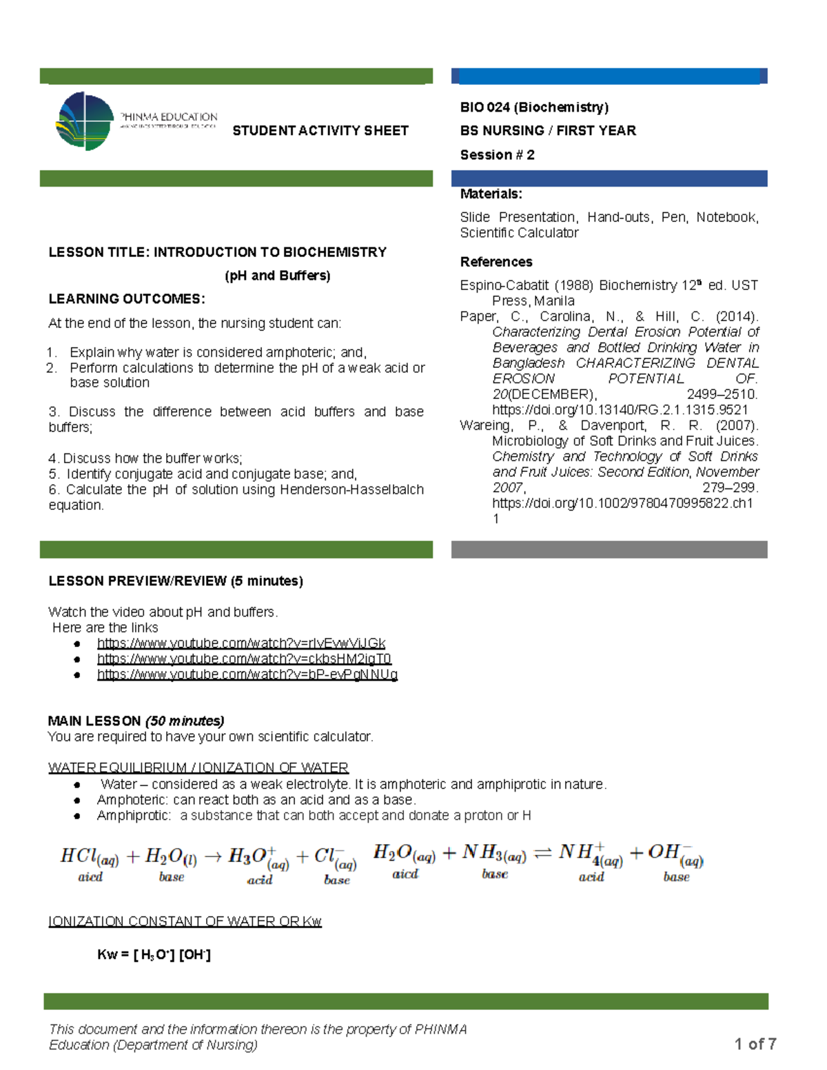 BIO 024 Session 2 - Intro to Biochemistry: pH and Buffers Notes - Studocu