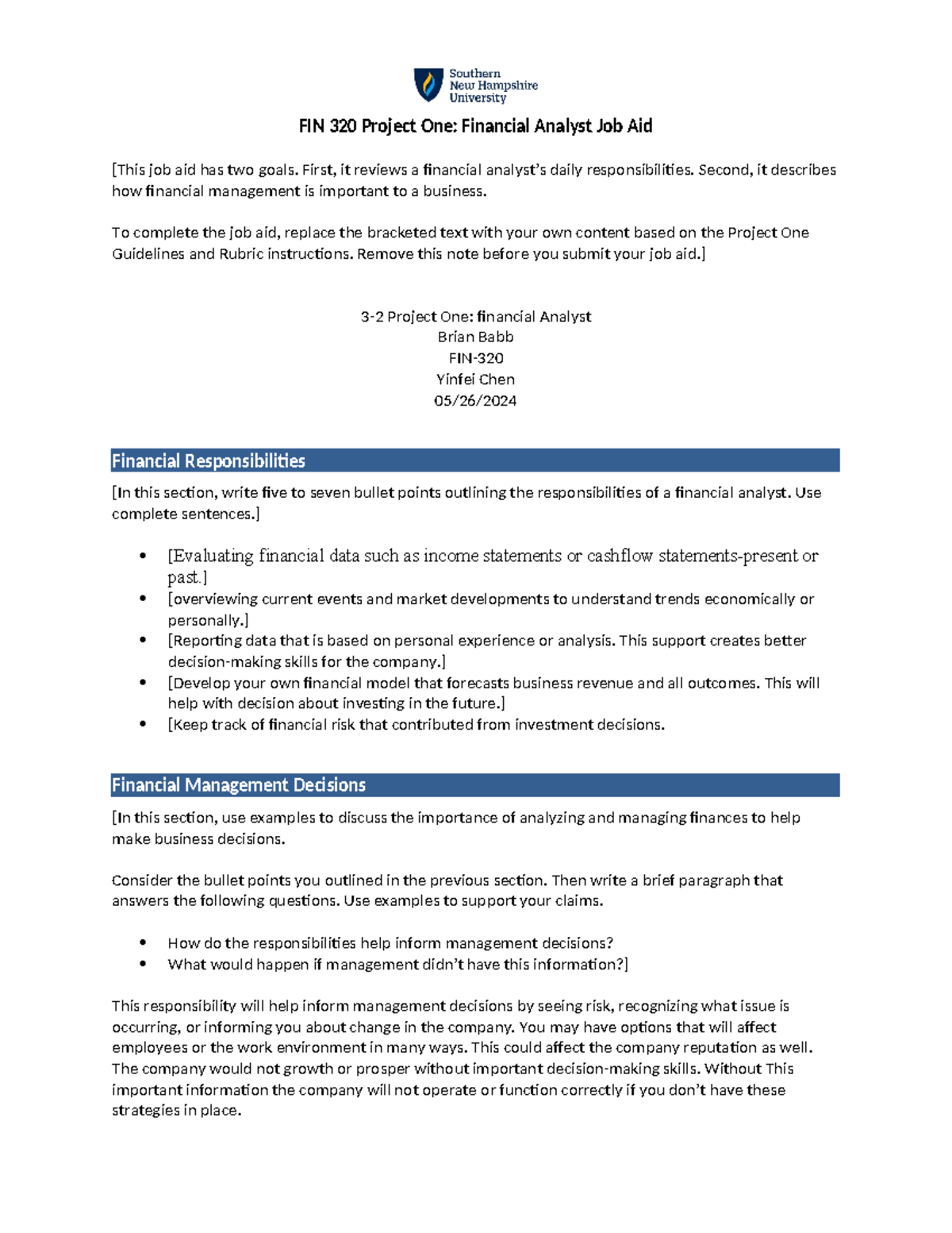 FIN 320 Project One: Financial Analyst Daily Role & Job Aid - Studocu