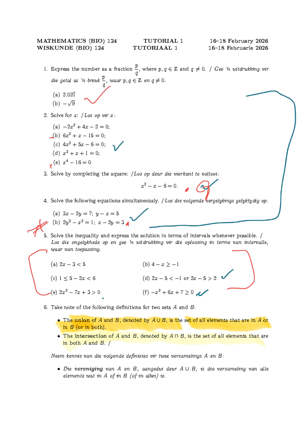 MATHEMATICS (BIO) 124 TUTORIAL 1 - February 2026 Practice Exercises ...