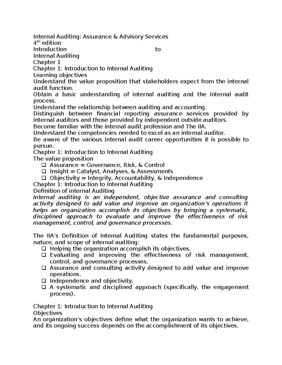 Chapter 1 Internal Auditing Notes: Value, Objectives & Processes - Studocu