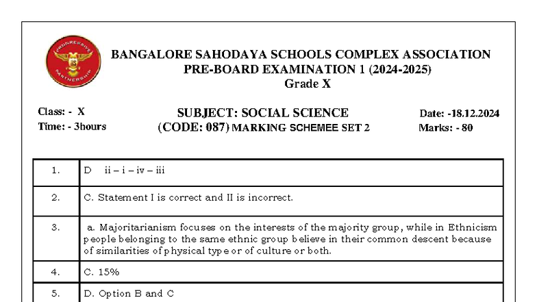 Class X Social Science Exam (CODE: 087) Marking Scheme SET 2 - Studocu