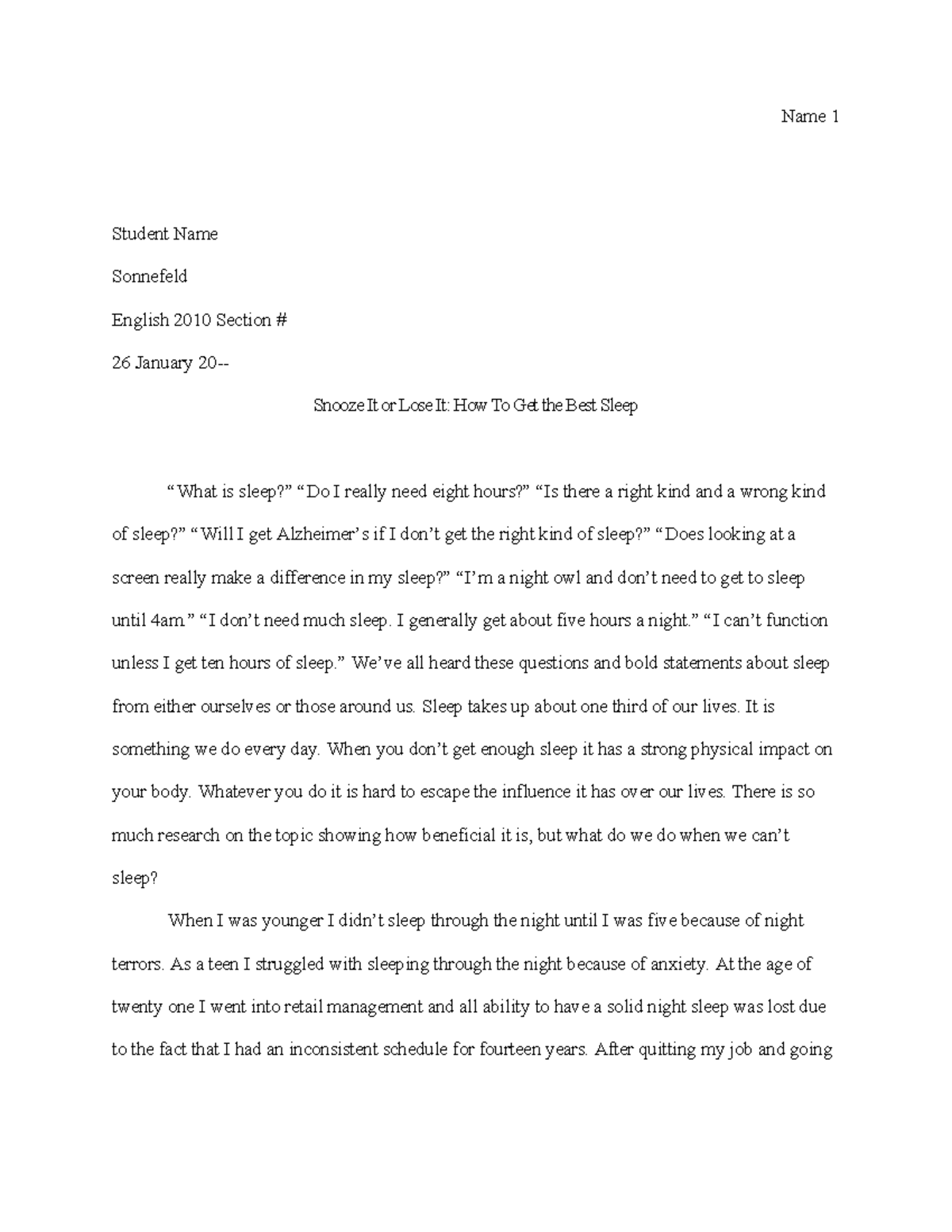English 2010: Sleep Topic Proposal and Research Plan - Studocu