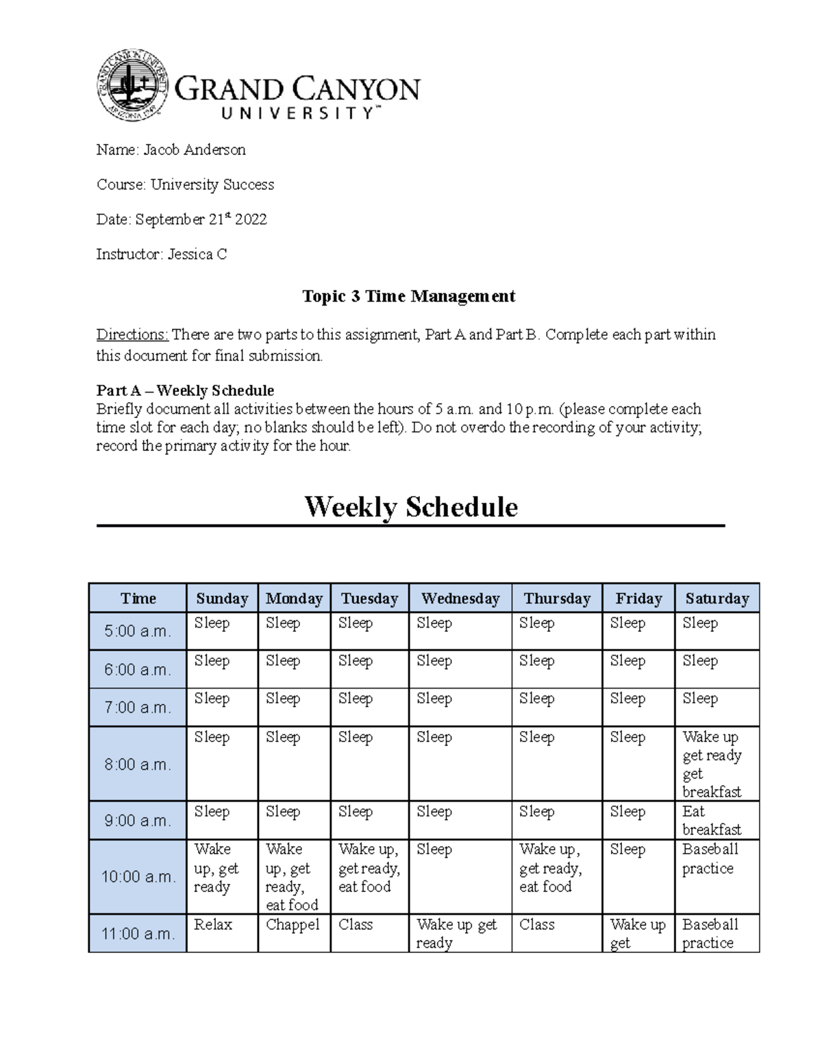 US 101: Time Management Assignment - Weekly Schedule Overview - Studocu