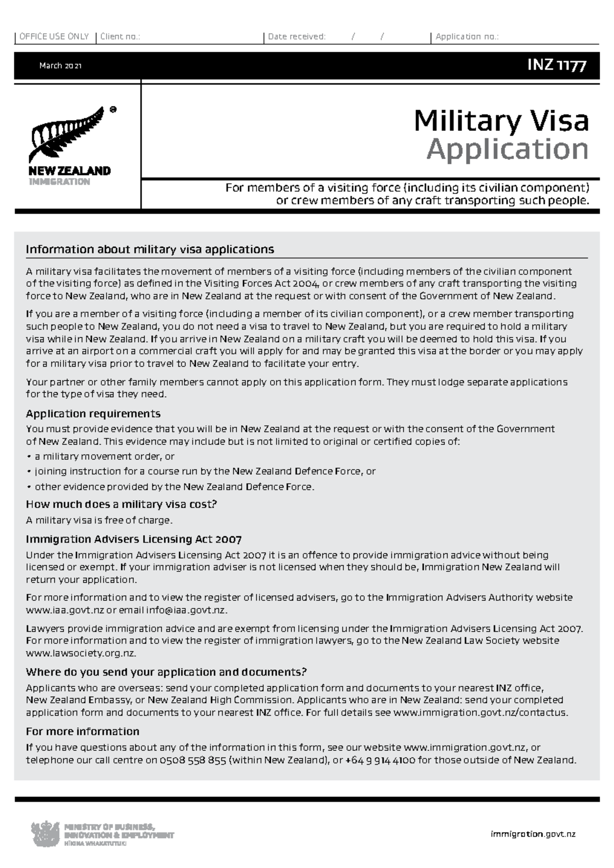 Military visa application form (INZ 1177) - March 2021 - Studocu