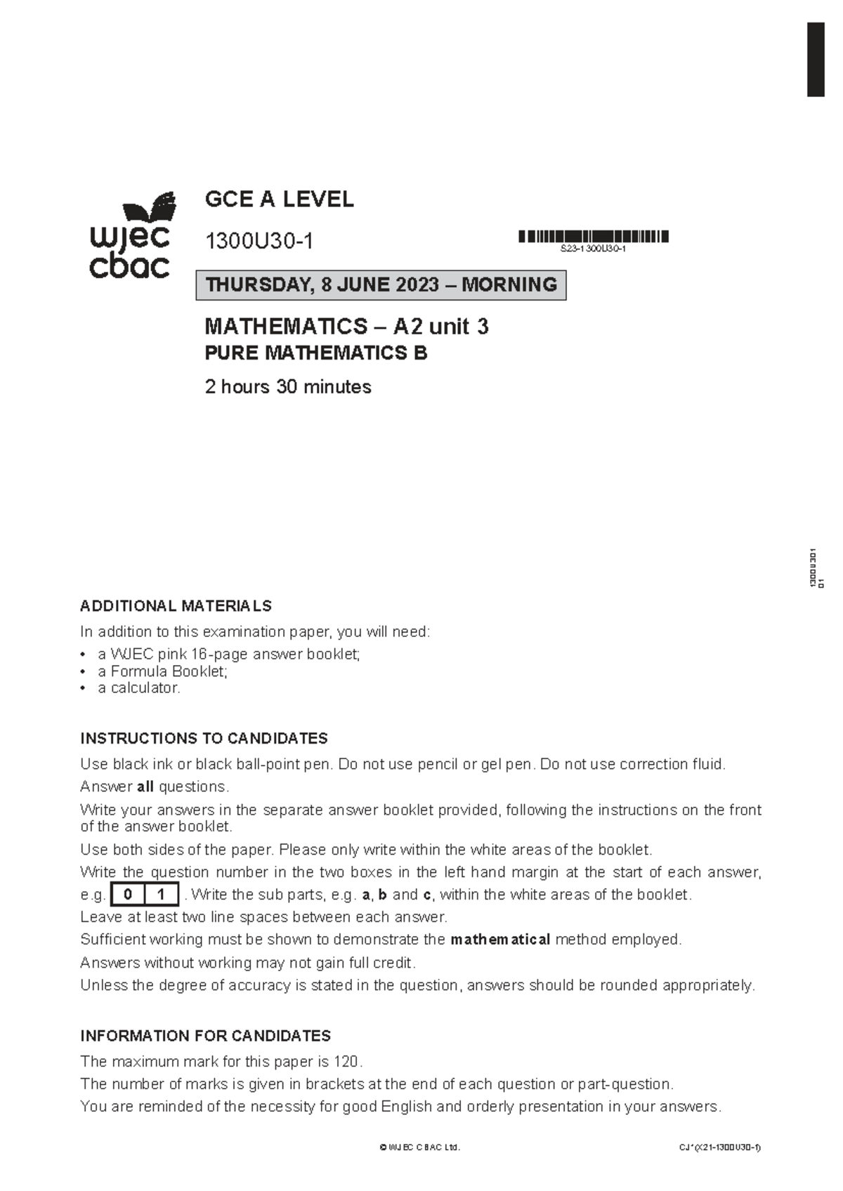 WJEC A Level Maths A2 Unit 3 Pure Mathematics Past Paper - June 2023 ...