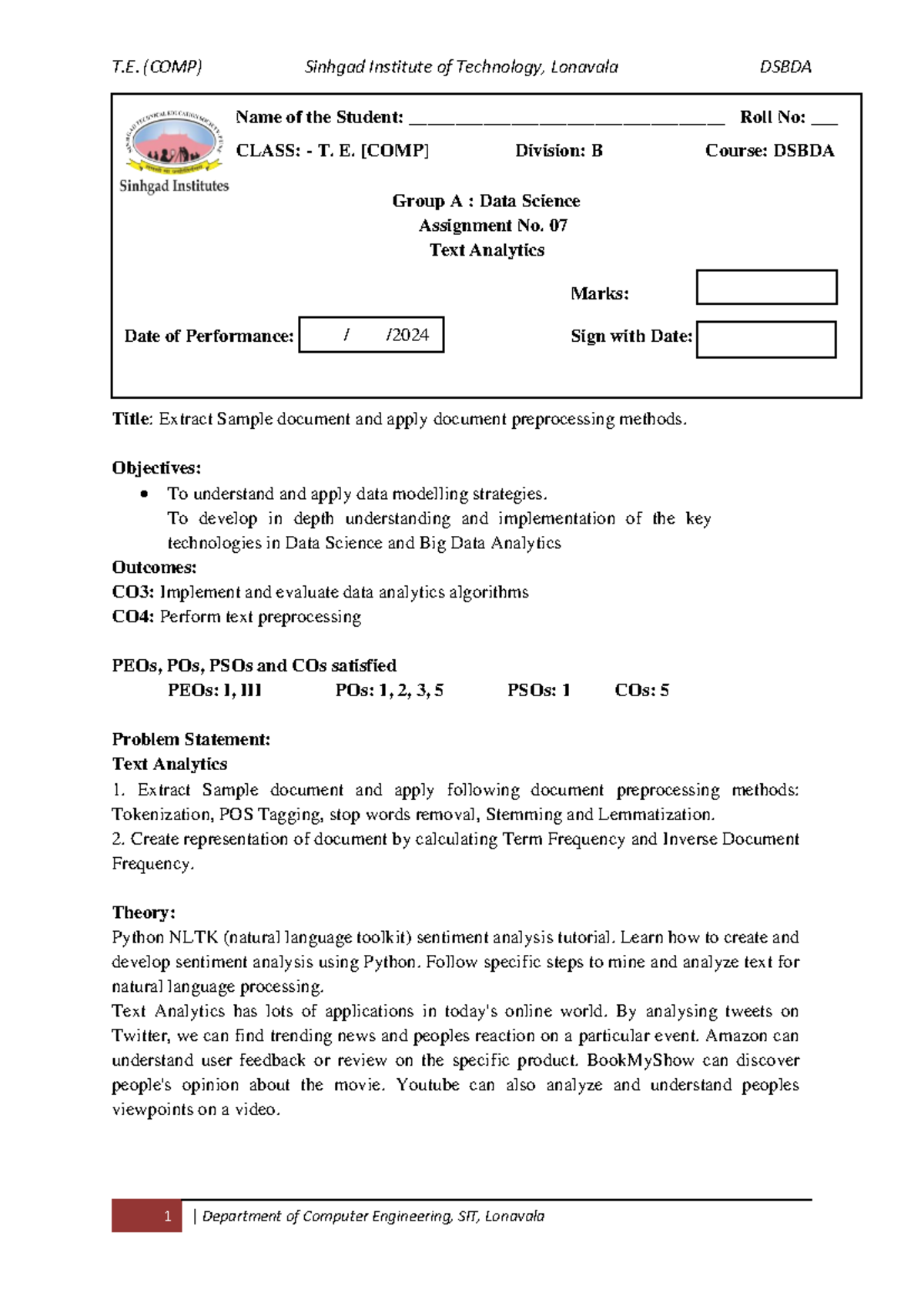 Dsbda Lab Assignment A7 - Title: Extract Sample document and apply ...