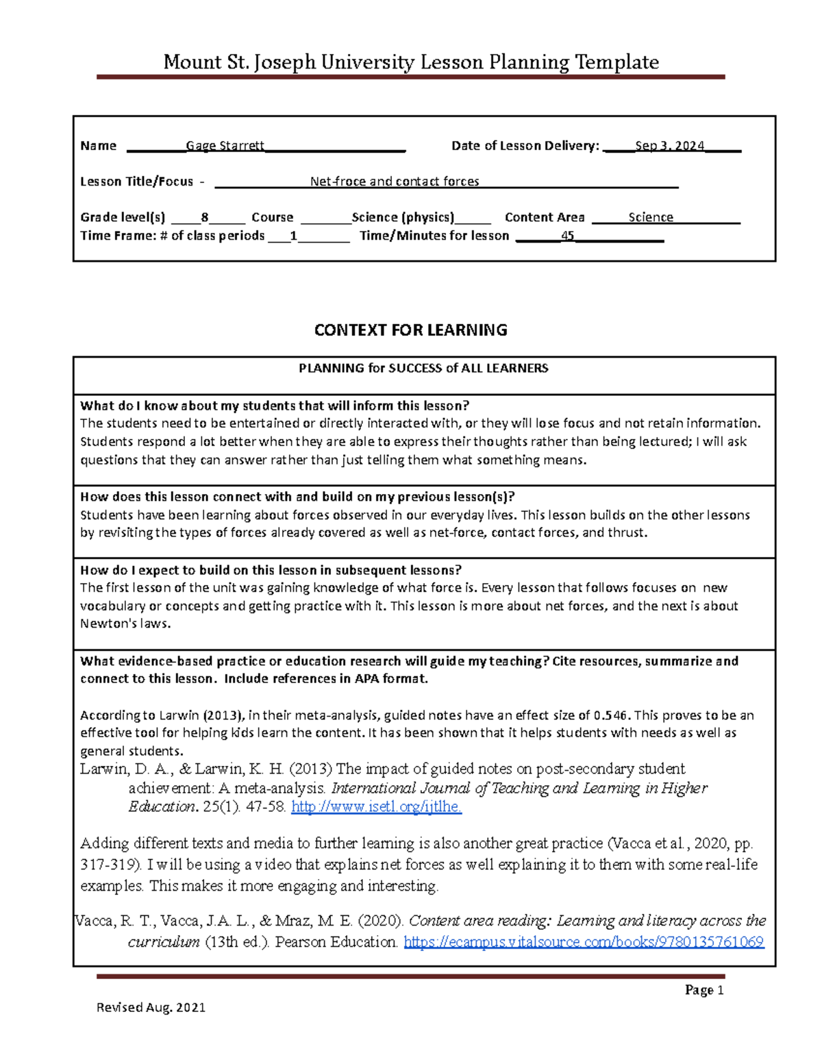 MSJU Lesson Planning Template rev Aug 2021 - Name Gage Starrett ...