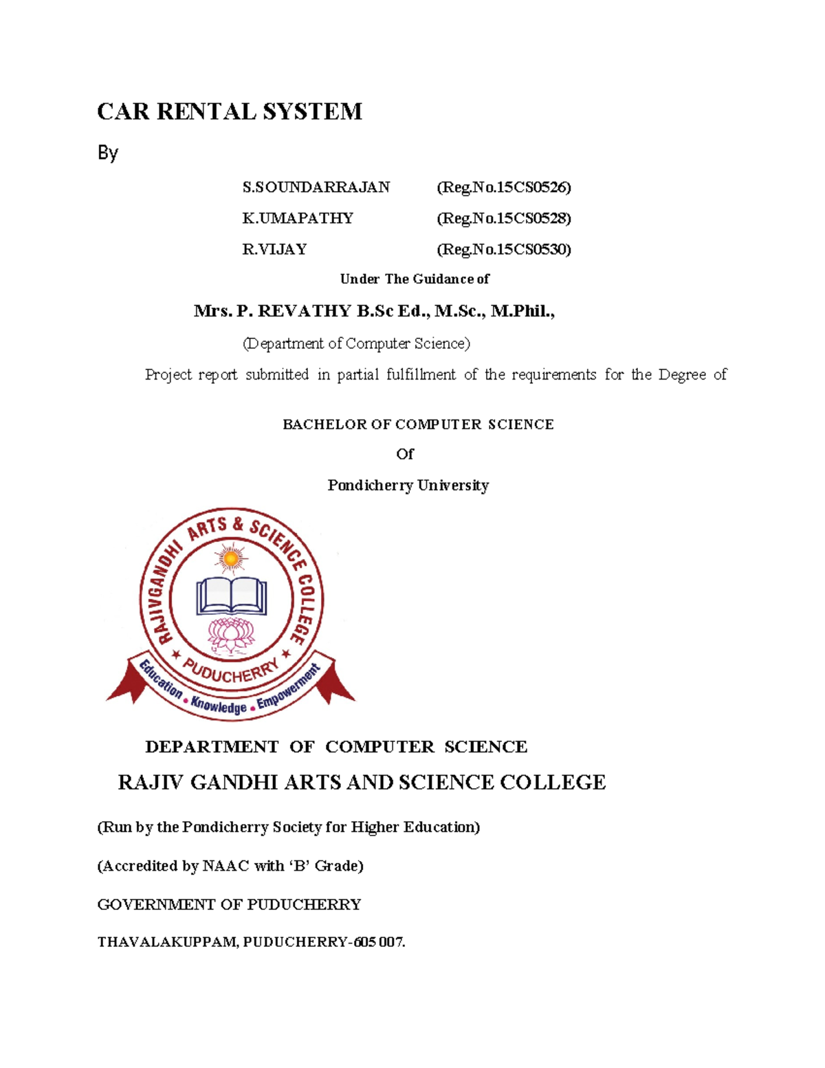 CAR RENTAL SYSTEM PROJECT REPORT (B.Sc. CS) - S.SOUNDARRAJAN et al ...