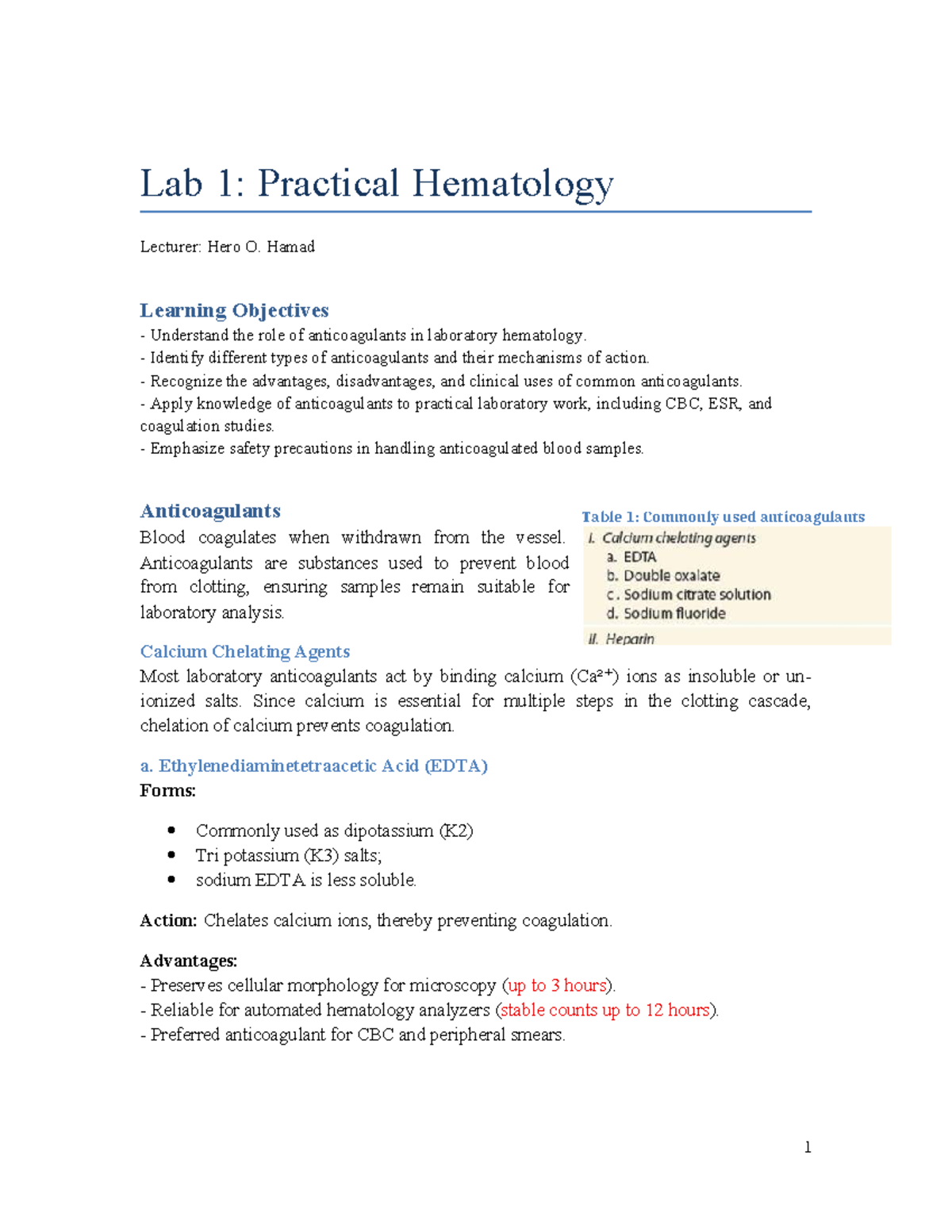 Lab 1: Practical Hematology - Anticoagulants Overview and Applications ...