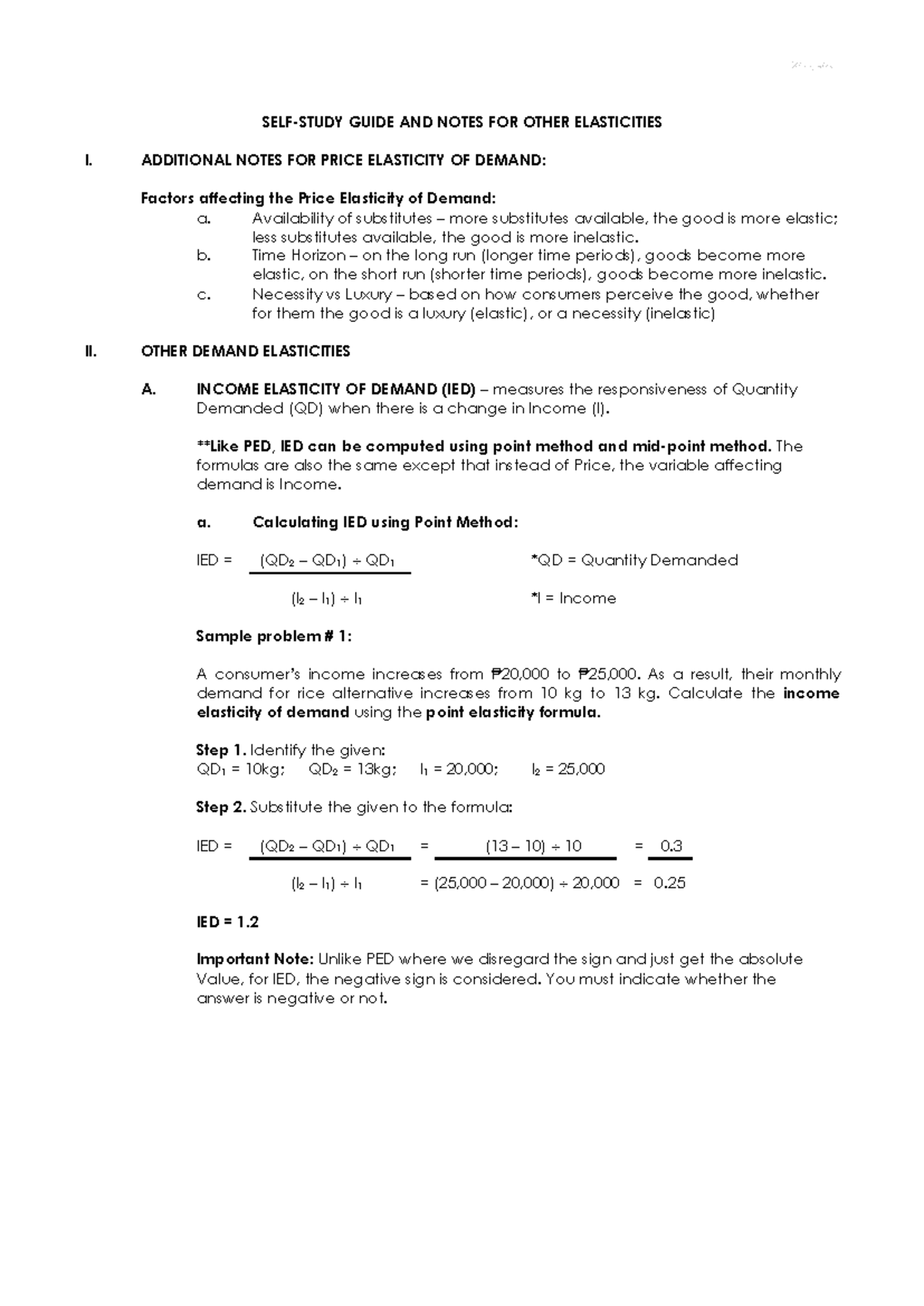 Study Guide on Other Elasticities (ECO 101) - Studocu