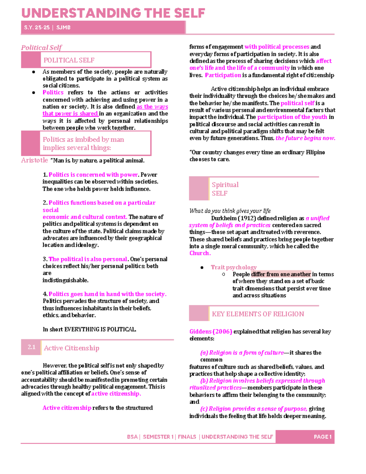 BSA SEMESTER 1 FINALS: UNDERSTANDING THE SELF REVIEWER - Studocu