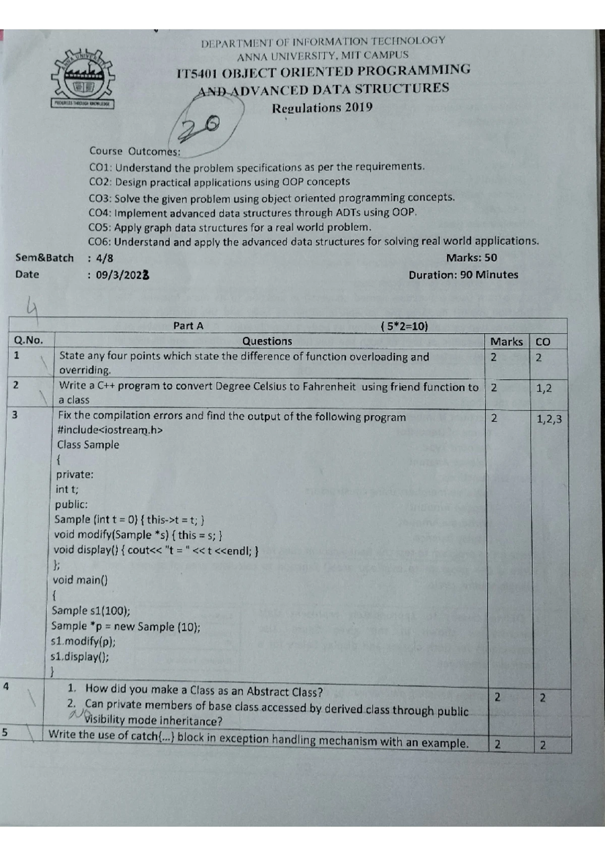End Sem Question Paper - = 1 - T i m e : 3iirs R o l l No. A N N A U N ...