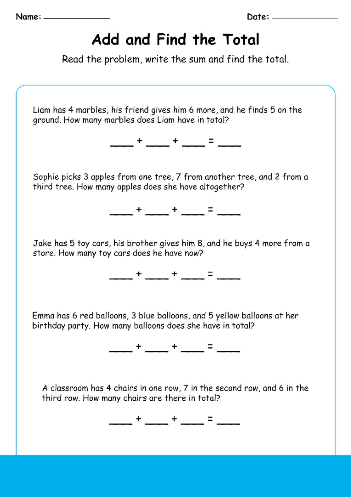 Add and Find the Total - 1st Grade Worksheet - Name: Date: Add and Find ...