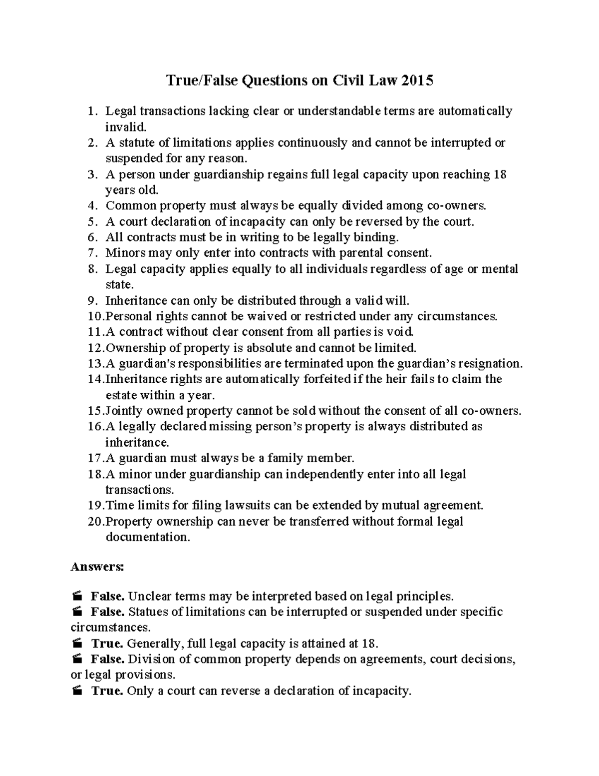 True False Questions on Civil Law 2015 - True/False Questions on Civil ...