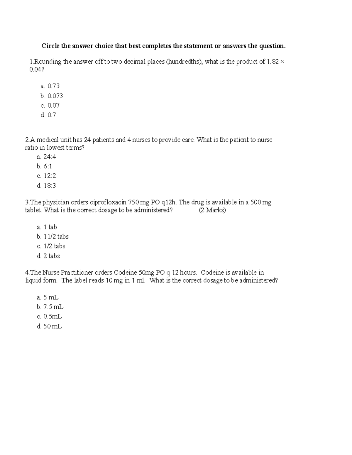 PN1 Math Test - Practice Questions and Dosage Calculations - Studocu