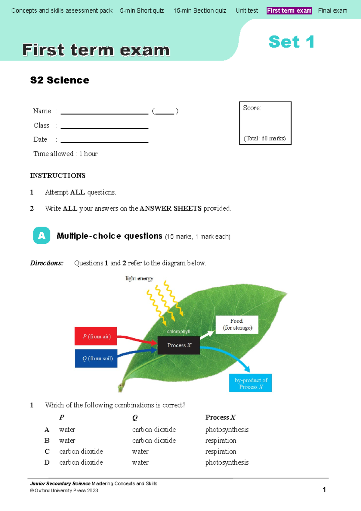S2 Science First Term Exam: Concepts & Skills Assessment Pack - Studocu
