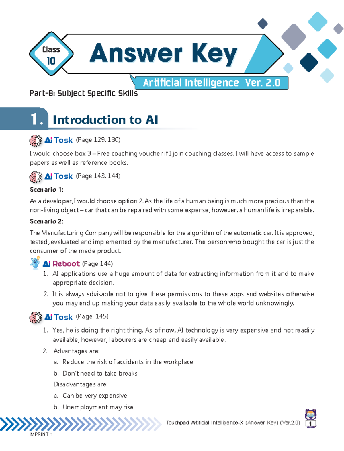 AI Class 10: Touchpad AI-X Answer Key (Version 2) Overview - Studocu