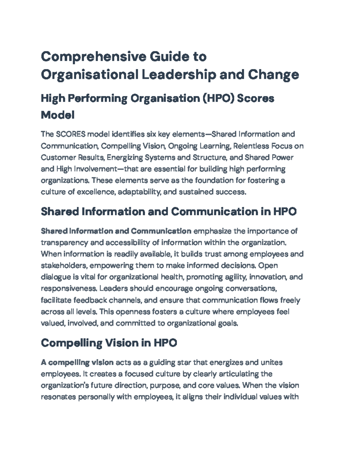 Comprehensive Guide to Org Leadership & Change: HPO SCORES Model - Studocu