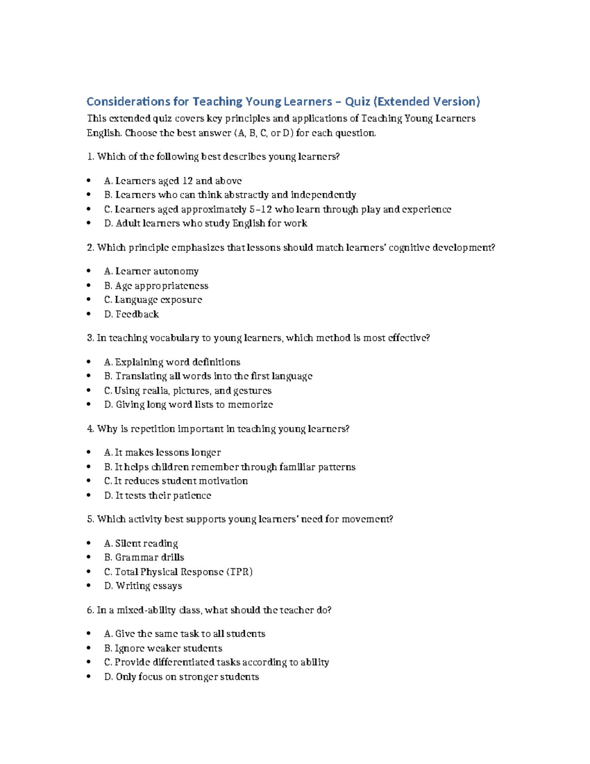 Teaching Young Learners Quiz (Extended Version) - Studocu