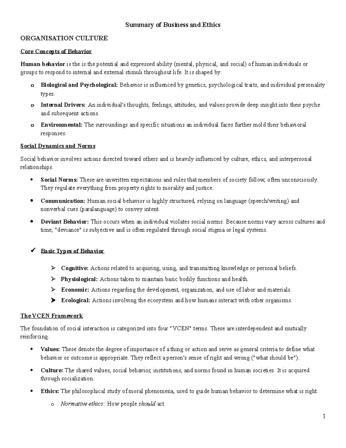 Summary of Business Ethics and Organizational Culture (BUS 101) - Studocu