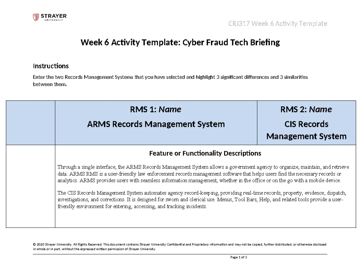 CRJ 317 Week 6 Activity: Cyber Fraud RMS Comparison Briefing - Studocu