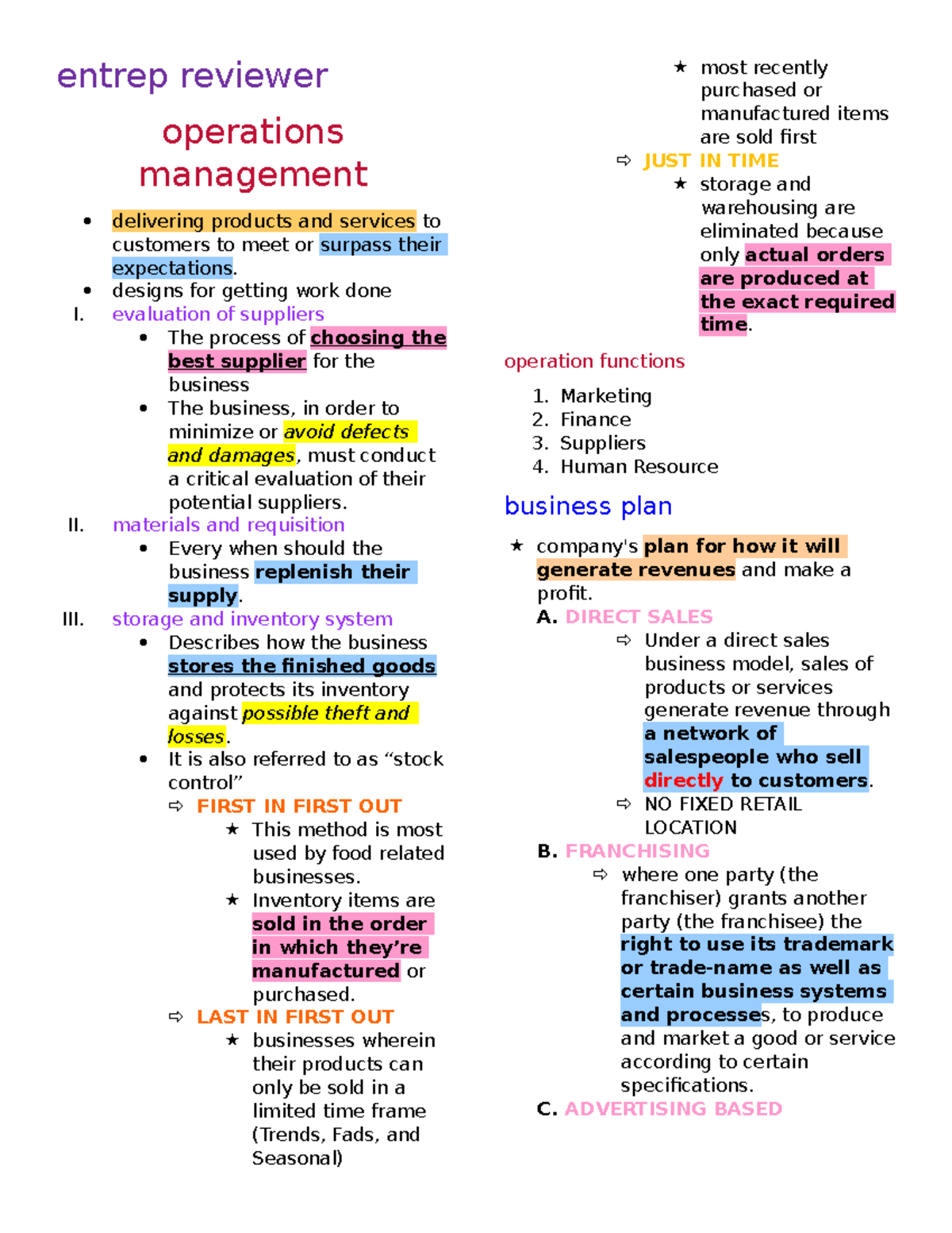 Entrep 2nd Quarter Reviewer: Operations & Management Concepts - Studocu