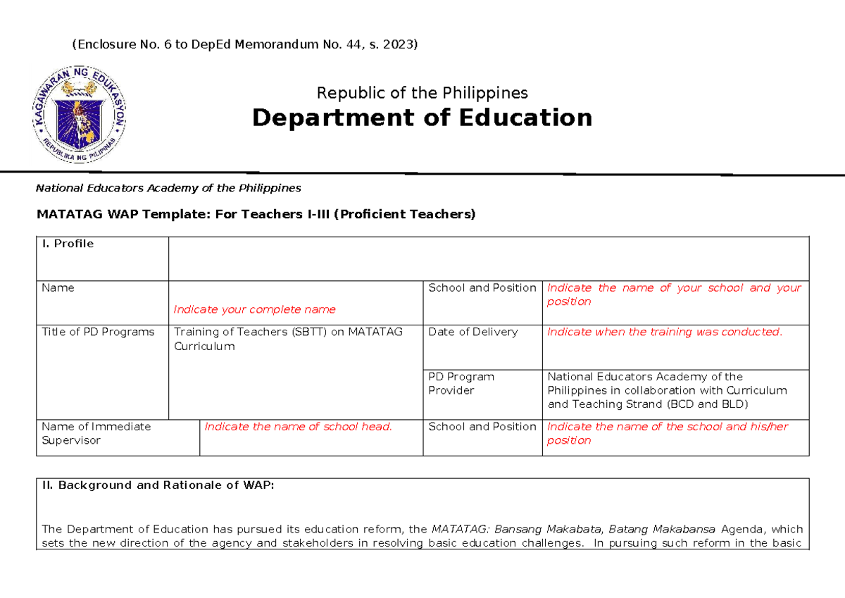 MATATAG Work Application Plan (WAP) for Proficient Teachers I-III - Studocu