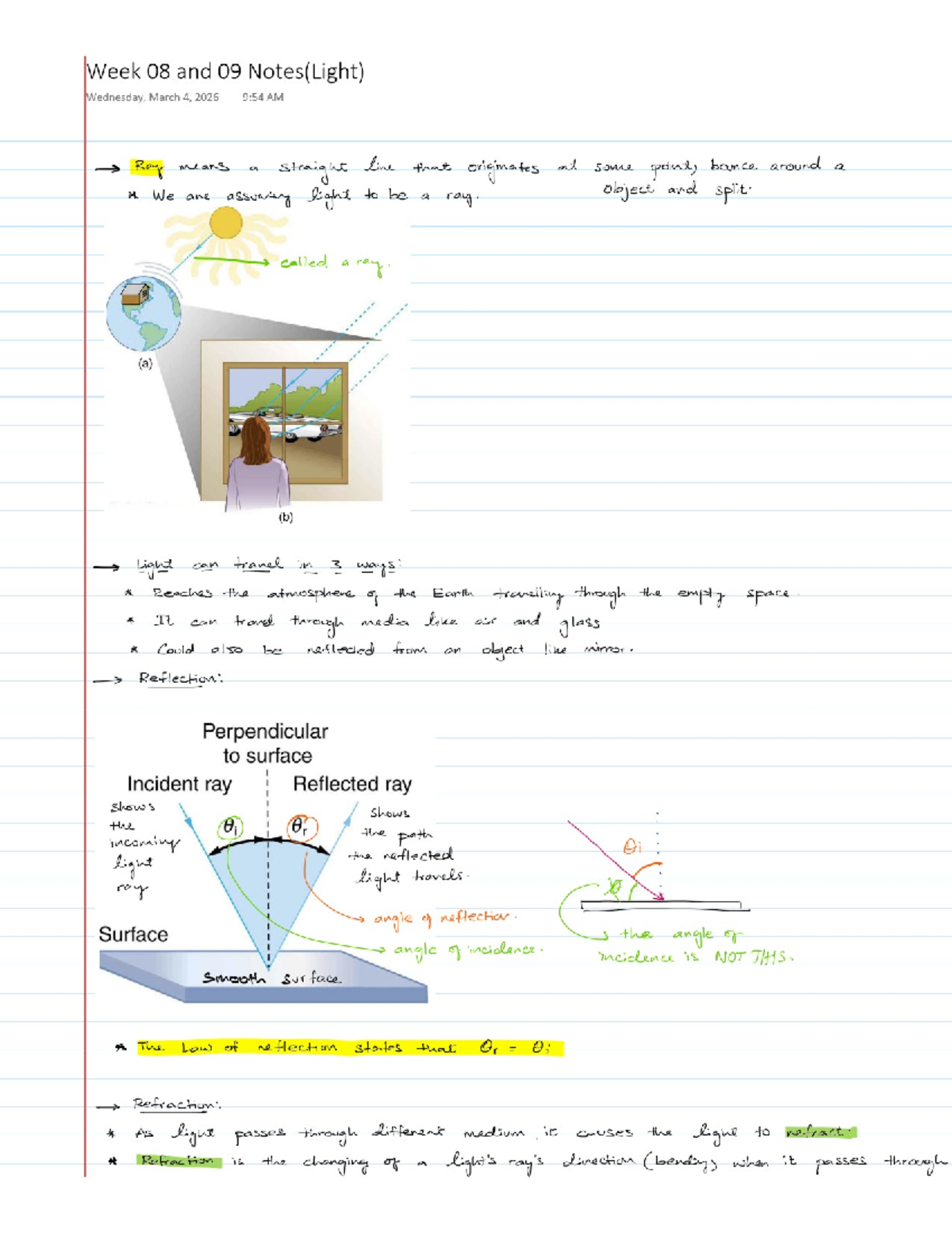 Week 08 Optics Notes: Reflection and Refraction Concepts - Studocu