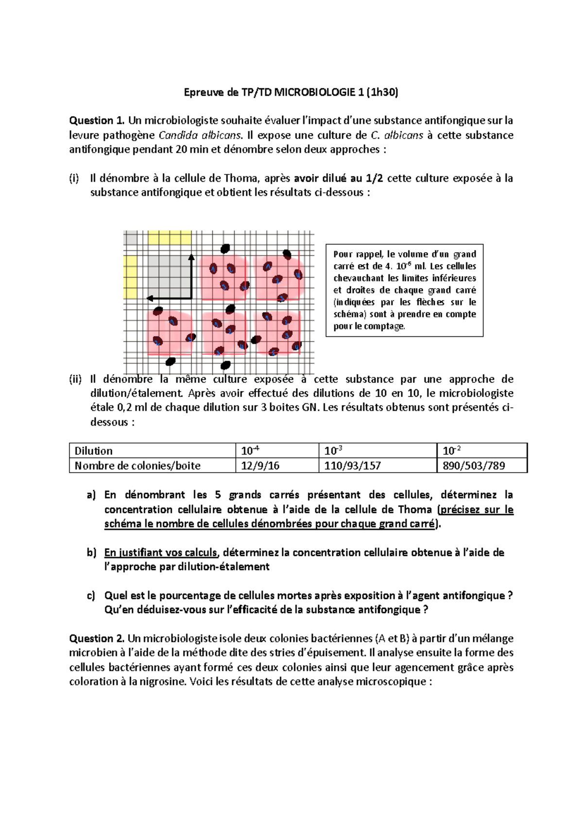 Sujet 1 Annales - Epreuve de TP/TD MICROBIOLOGIE 1 (1h30) Question 1 ...