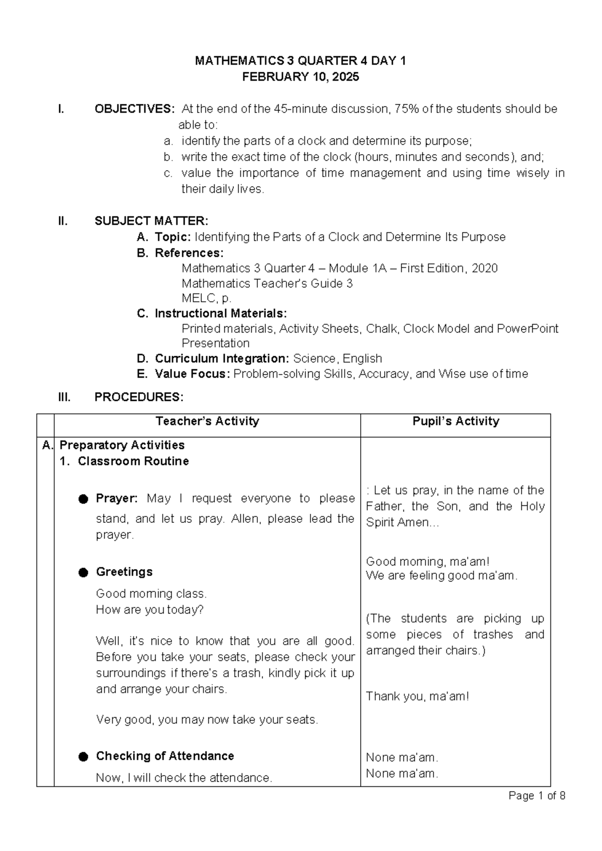 MATH 3 LP Q4 W1 - Lesson Plan for Time Management & Clock Parts - Studocu