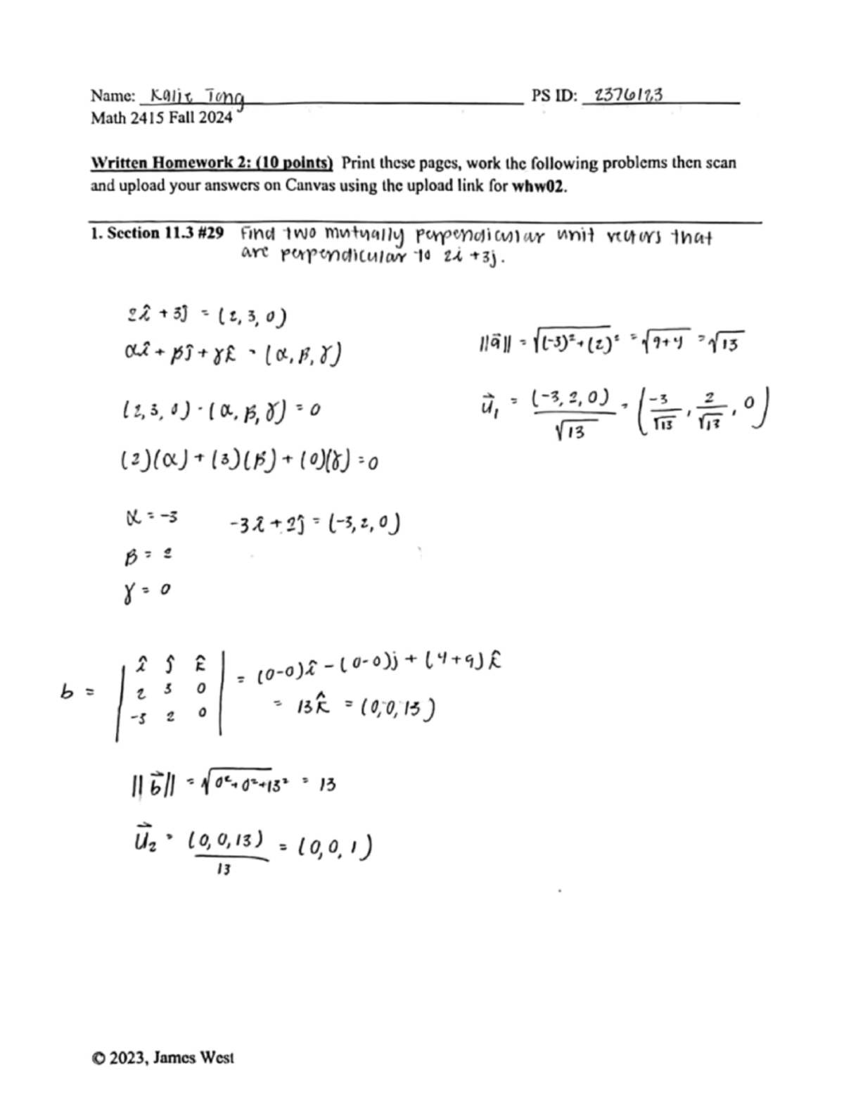 Math 2415 Fall 2024 Written Homework 2: Vector Problems - Studocu