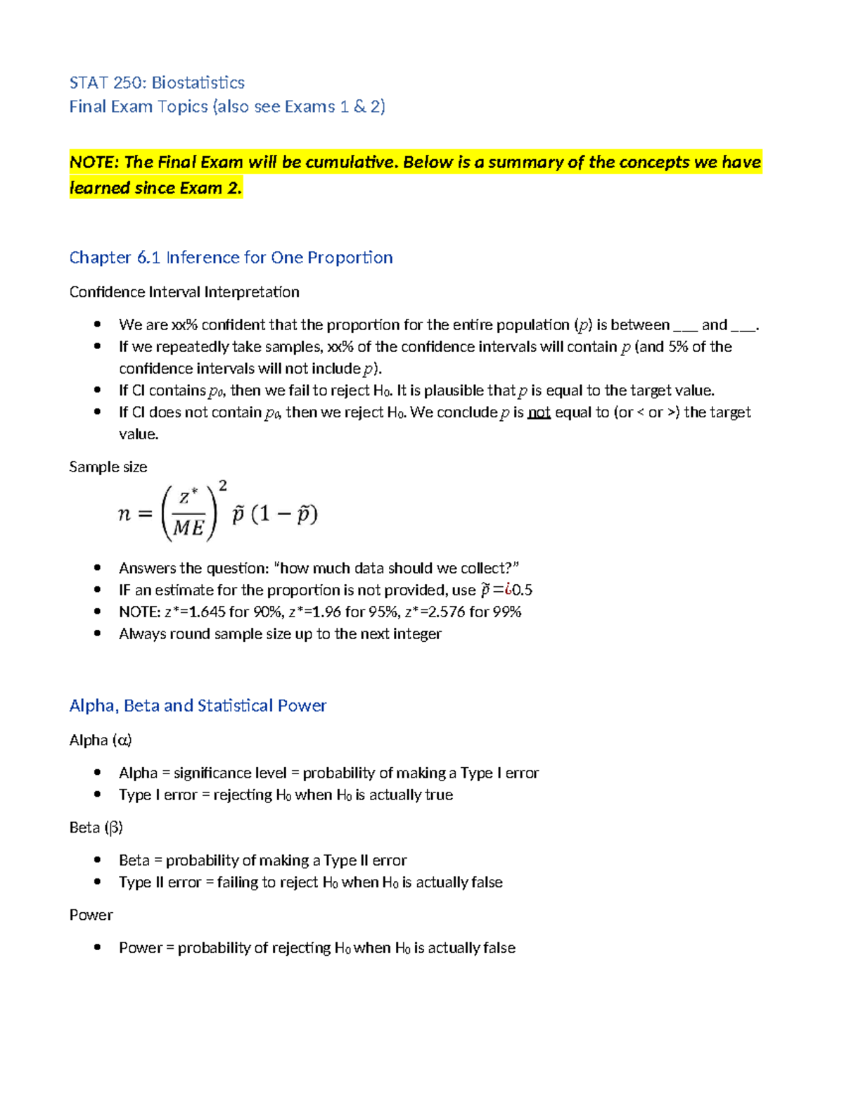 STAT 250: Biostatistics Final Exam Review Topics and Concepts - STAT ...