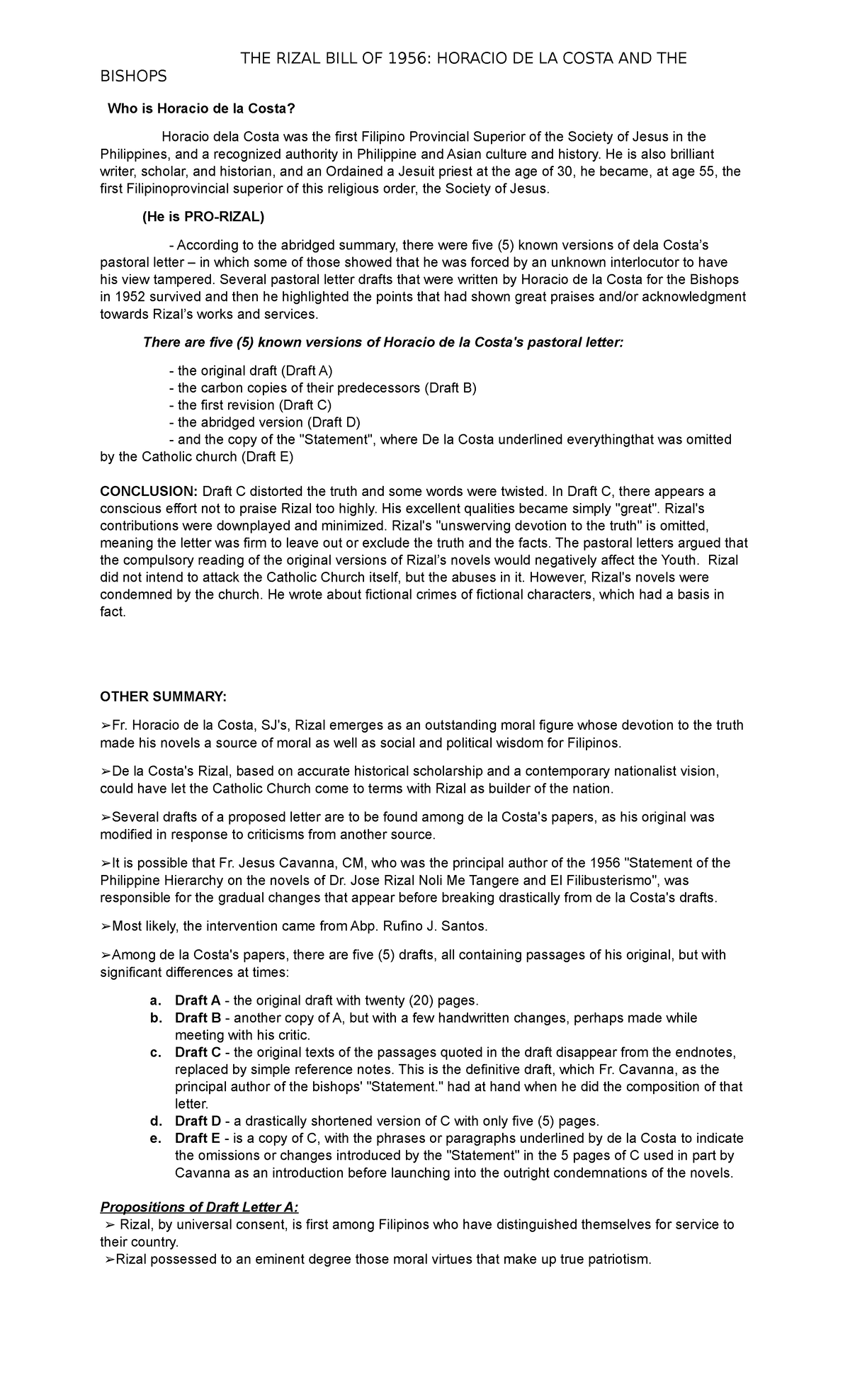 Horacio de la Costa's Pastoral Letters on Rizal: Draft Analysis - Studocu