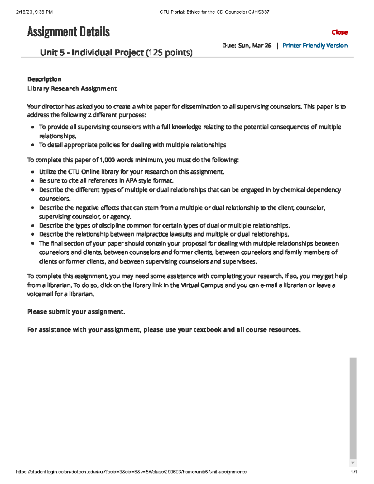 CTU CJHS337 Unit 5 IP: White Paper on Ethics for CD Counselors - Studocu