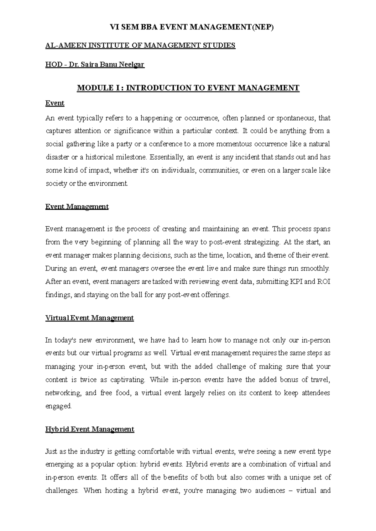 VI SEM BBA EVENT MANAGEMENT(NEP) Module I: Intro to Event Management ...