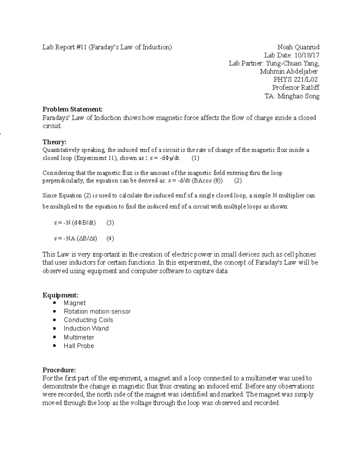 Lab Report 11: Exploring Faraday’s Law of Induction in PHYS 221/L - Studocu