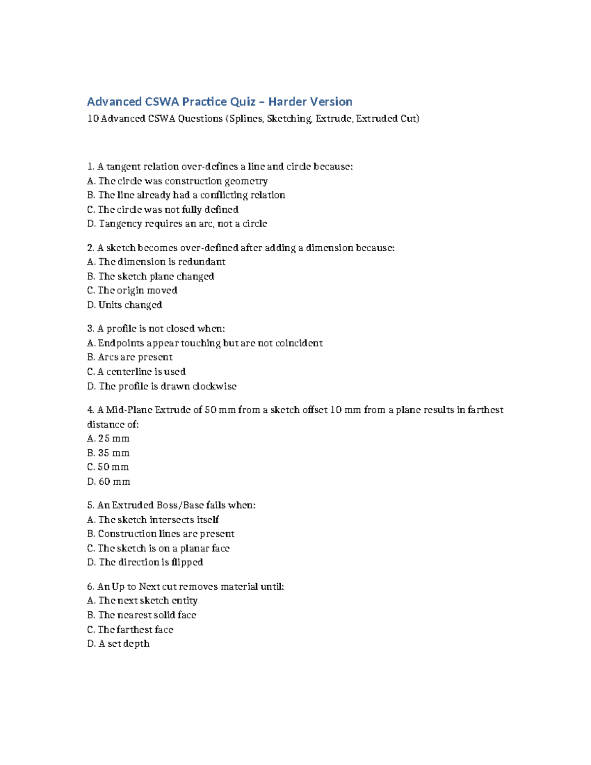 Advanced CSWA Quiz - Harder Version 10 (Splines, Sketching, Extrude ...