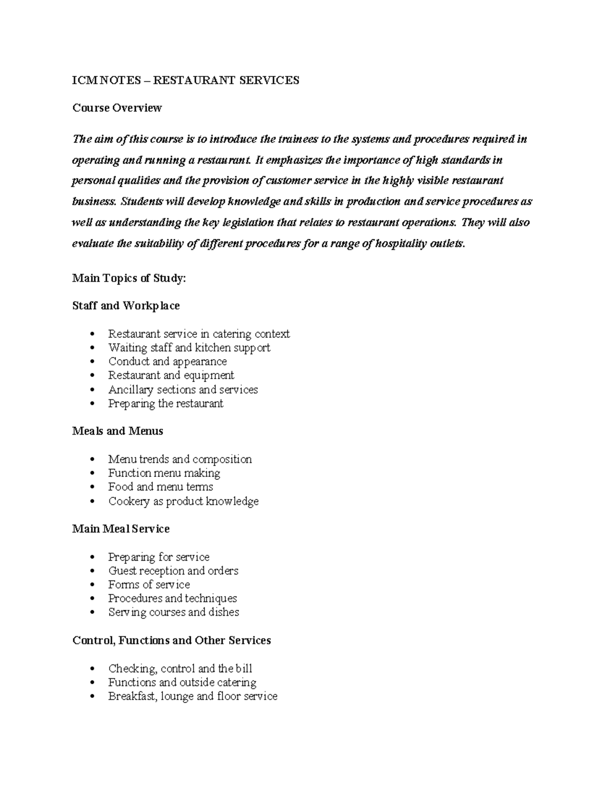 ICM 101: Restaurant Services Study Notes - Comprehensive Overview - Studocu