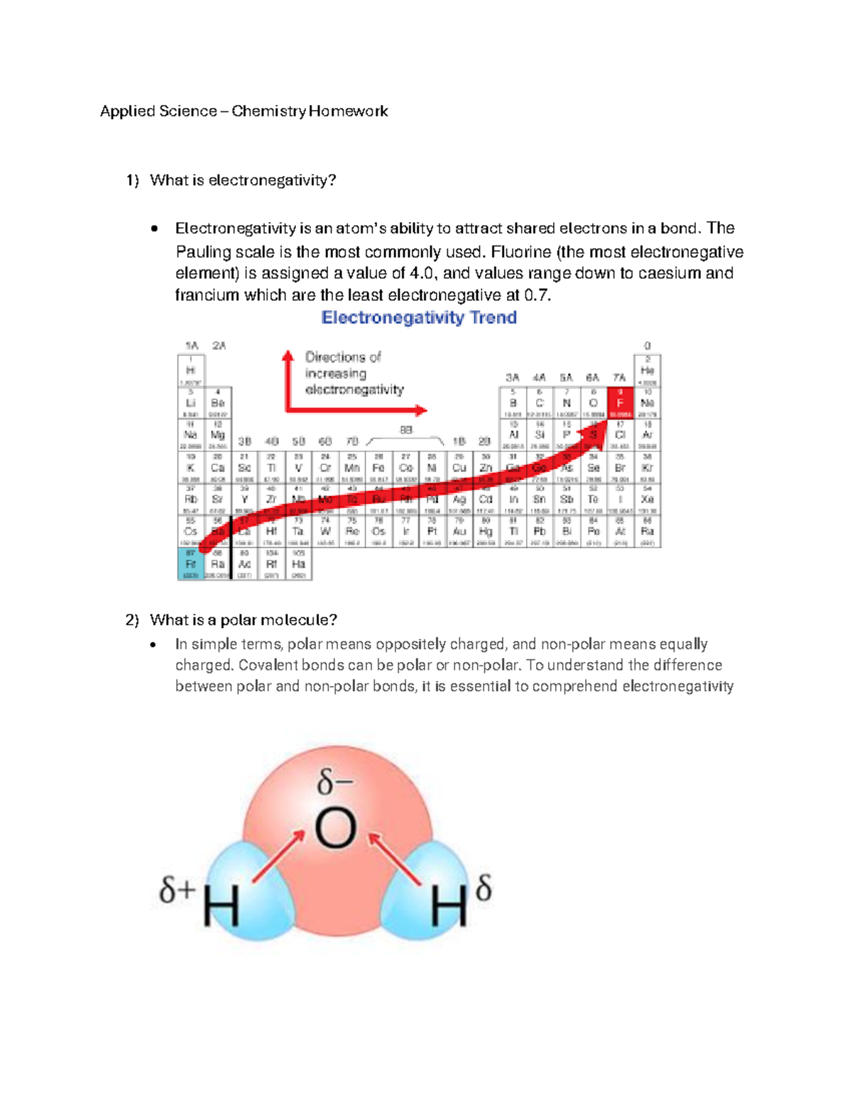 Applied Science Chemistry HW: Electronegativity & Molecular Concepts ...