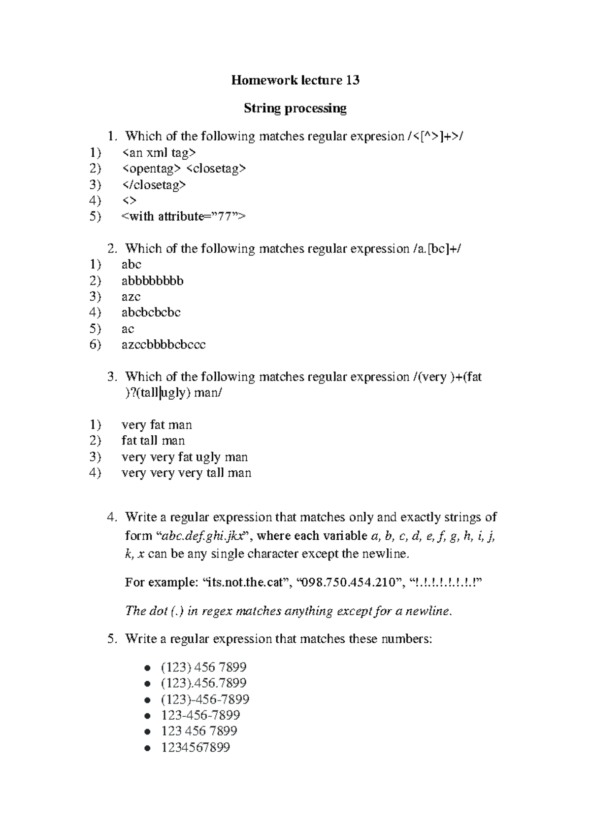 Lect13 Homework - String Processing & Regex Exercises - Studocu
