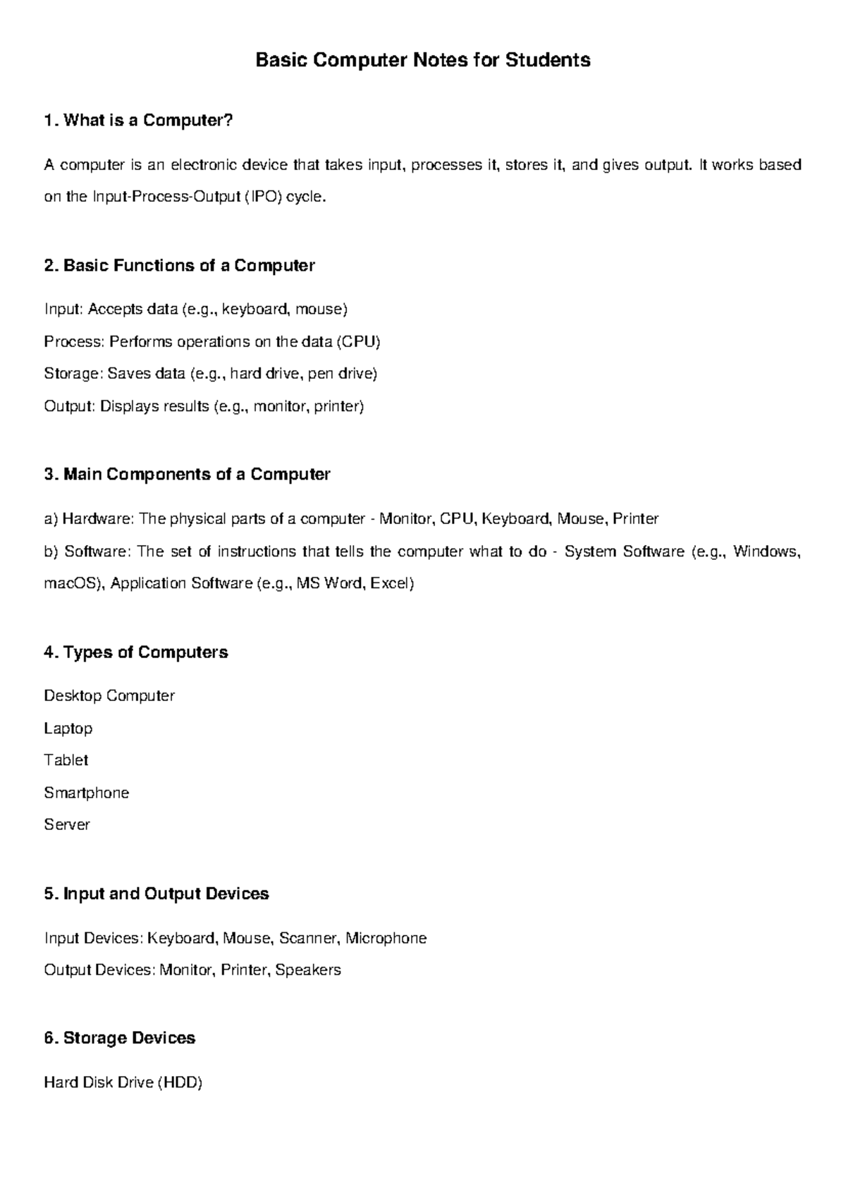 Computer Basics: Essential Notes for Students on Functions & Components ...