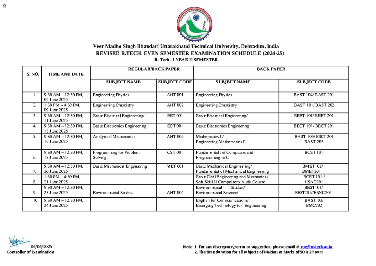 Revised B.Tech Even Semester Examination Schedule for All Years and ...