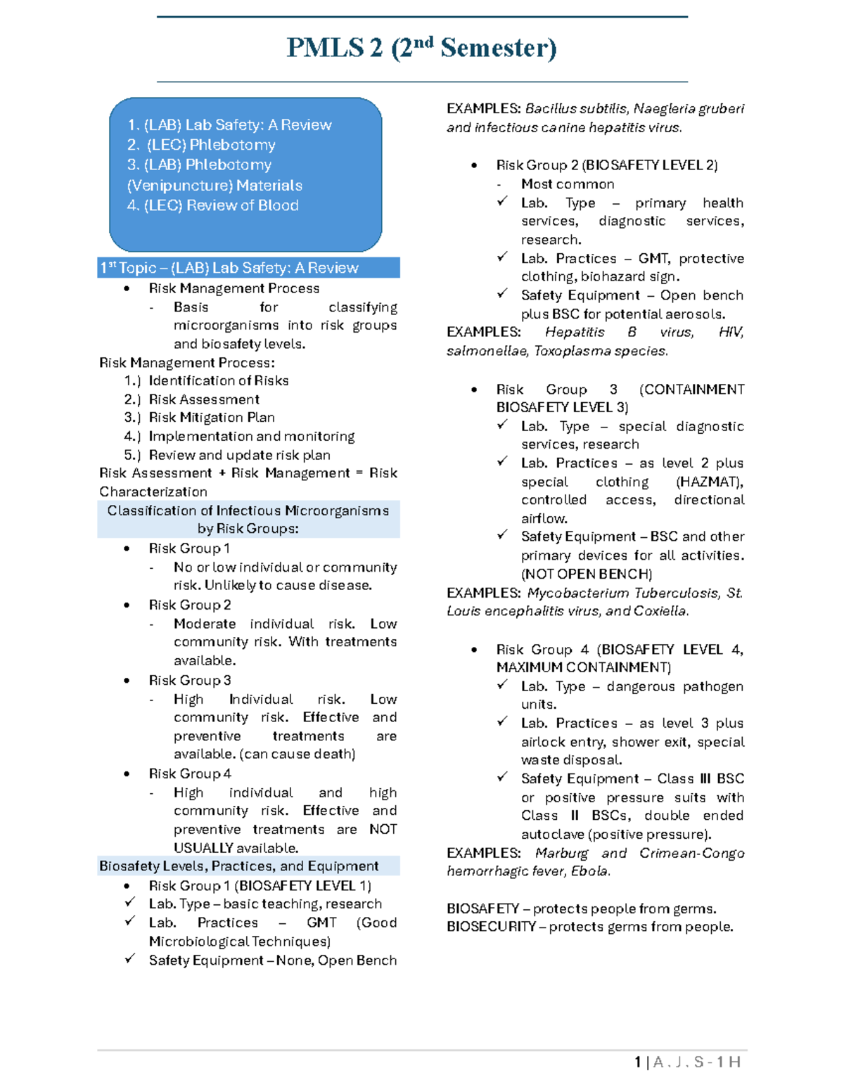 PMLS 2 (2nd Semester) Lab Safety & Phlebotomy Review Notes - Studocu