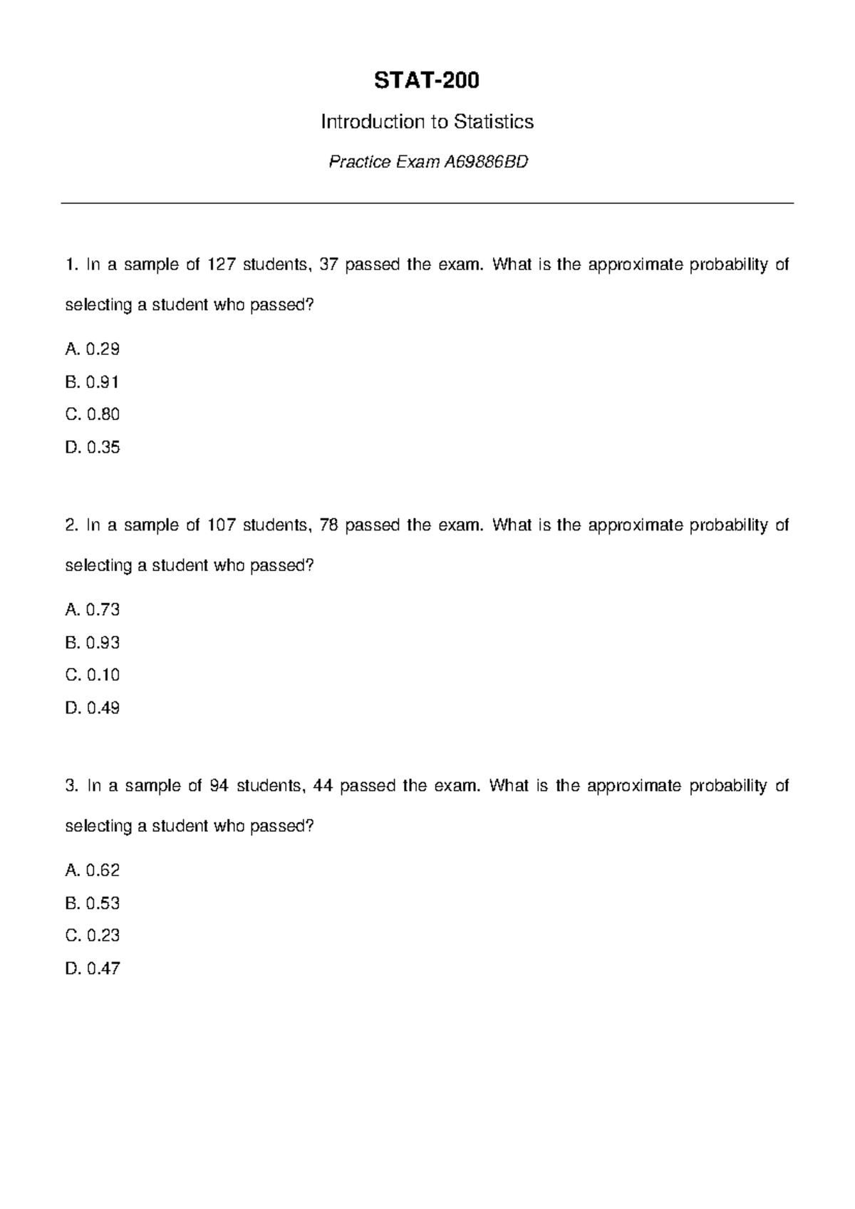 STAT-200 Introduction to Statistics Practice Exam A69886 BD - Studocu