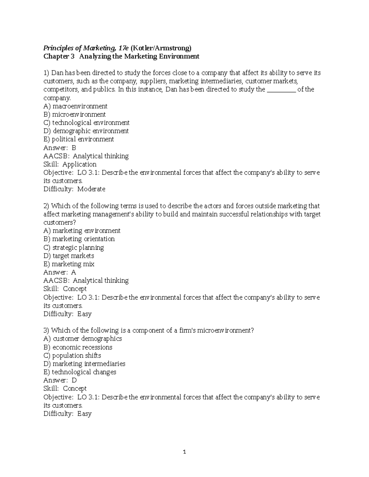Chapter 3 Test Bank Questions: Analyzing the Marketing Environment (PMk) - Document Preview
